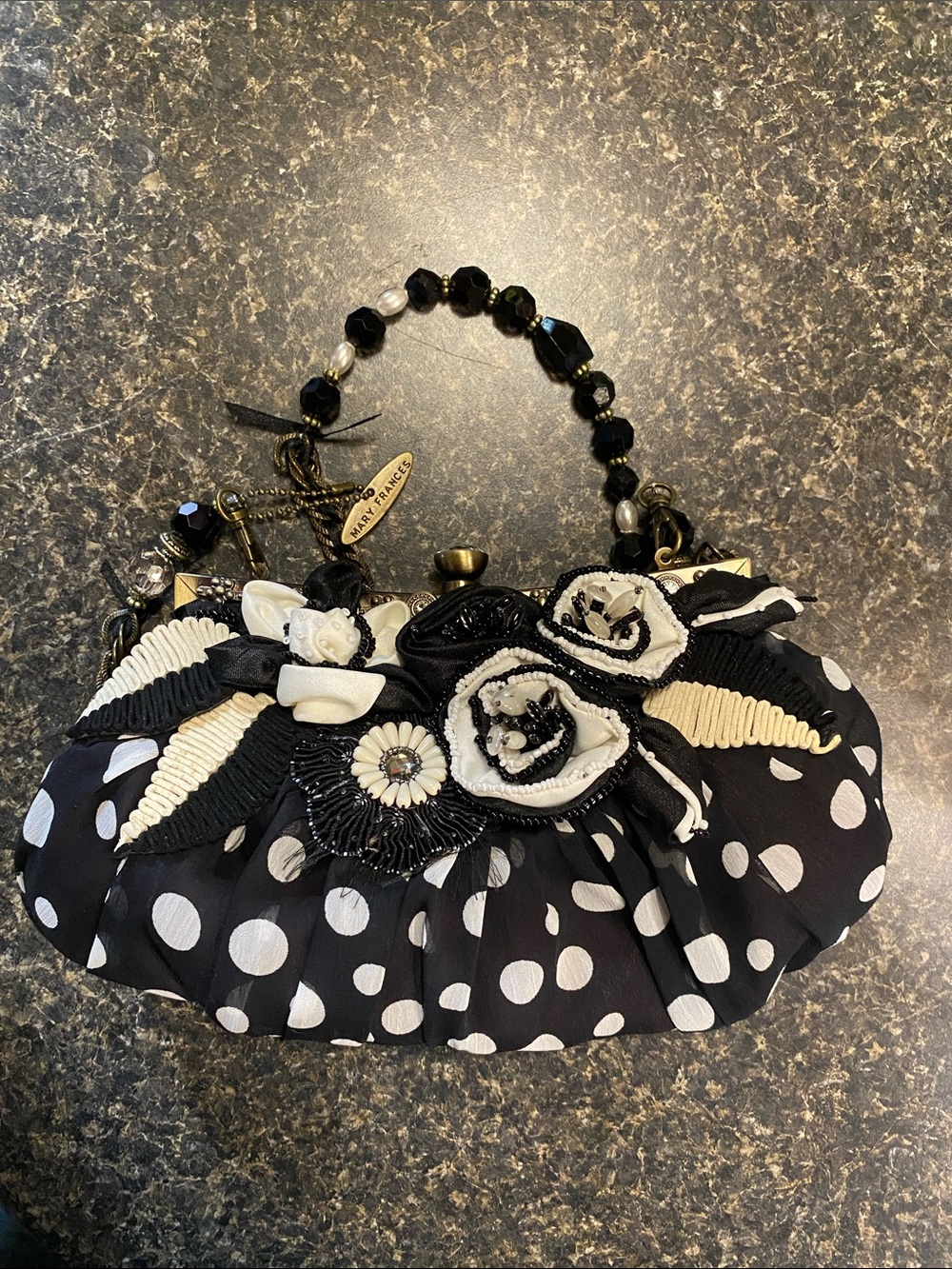 Mary Frances Cream and Black Beaded Shoulder Bag